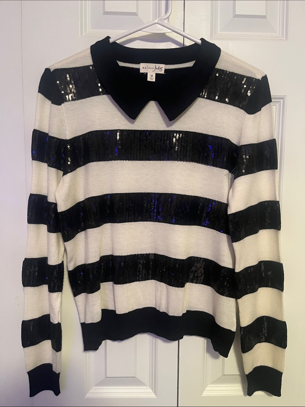 Maison Jules Black and White Striped Sequin Collar Sweater Size Medium NWT